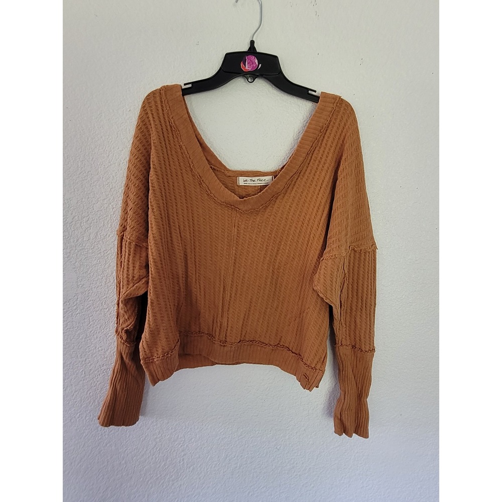 We The Free Free People Rust Orange Waffle Knit V-Neck Thermal Top S Cropped #16